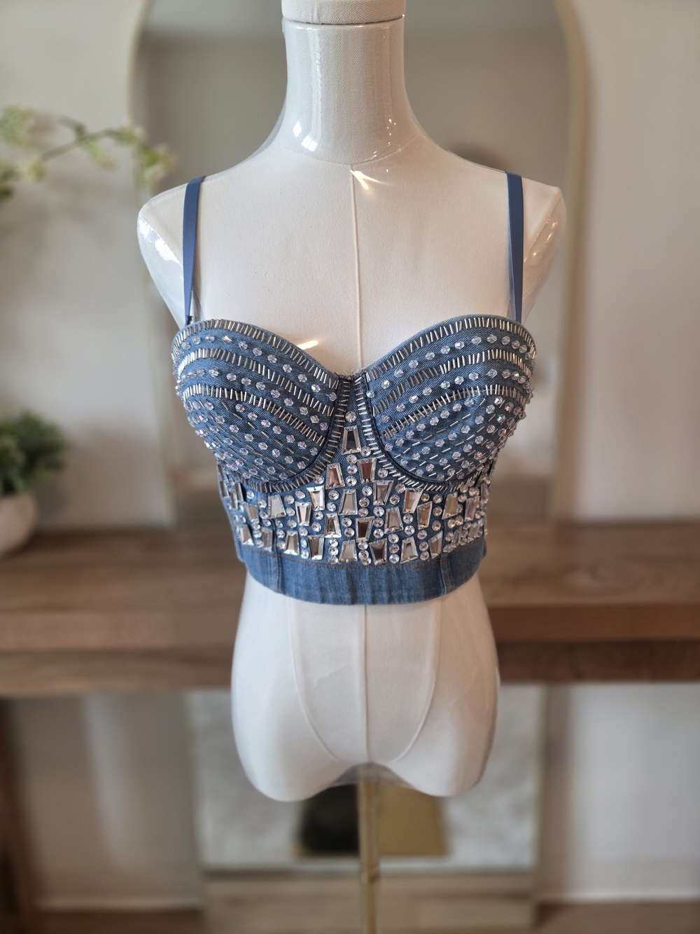 Embellished Denim Bustier Crop Top - Blue